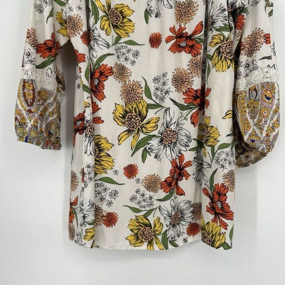Fig & Flower Boho Peasant Top White Lace Long Slit Balloon Sleeves Yellow Size M - Picture 8 of 10